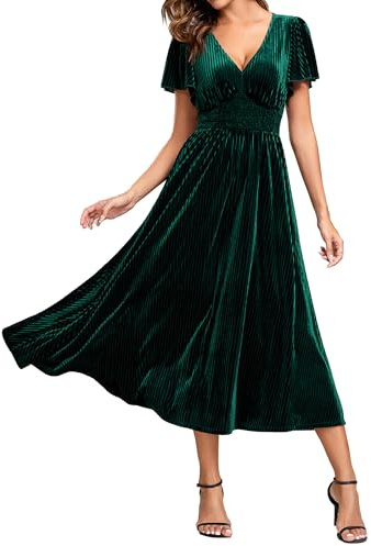 Ever-Pretty Women's Vintage Ruched Short Sleeve Cocktail Velvet Bridesmaid Wedding Guest Dress Dark Green 14UK