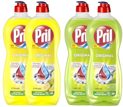 PRIL Original-Set 2x Limette & 2x Zitrone, Handgeschirrspülmittel-Set mit höchster Fettlösekraft, für sauberes Geschirr auch in kaltem Wasser, 4x 675ml
