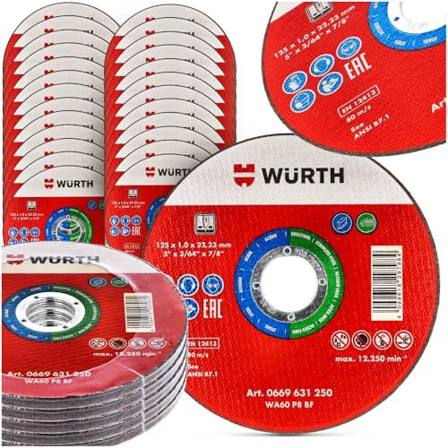25 STÜCK TRENNSCHEIBEN DISC Ø125MM FÜR METALL, STAHL, EDELSTAHL FLEXSCHEIBE FÜR WINKELSCHLEIFER WüRTH® 2 125 x 1,0mm Dünn, gerade, langlebig und effizient, ideale Trennscheibe für präzises Schneiden
