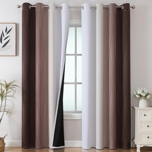 VEHEDE Farbverlauf Schallschutz Blickdichte Vorhänge Wohnzimmer, Thermovorhang Hitzeschutz Gegen Kälte Gardinen, Raumteiler Verdunklungsvorhänge Schlafzimmer, H 214 x B 132 cm, Braun und Weiß, 2er Set