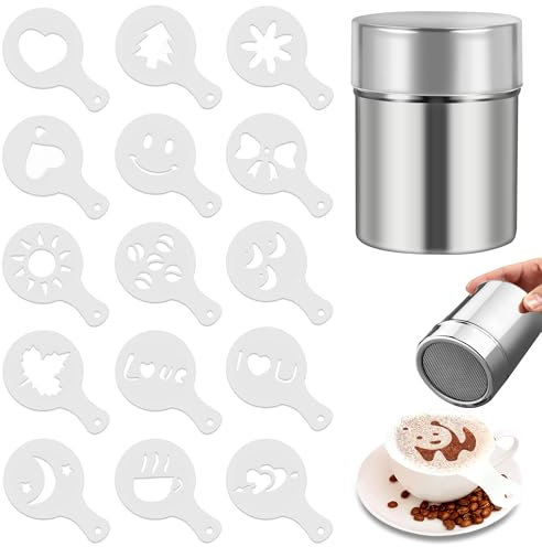 Saupoudreuse à Sucre Glace & Cacao Professionnelle - 16 Pochoirs Design Café/Pâtisserie en Acier Inoxydable 304 Anti-Rouille - Pour Cappuccino, Chocolat, Décorations de Desserts - Facile à Nettoyer