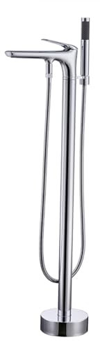 SdaryWare Robinet de Baignoire sur Pied Gris, mitigeur de Baignoire sur Pied en Laiton avec douchette, Montage au Sol, mitigeur de Baignoire sur Pied, Gris(Chrome)