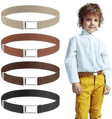 Hopton Lot de 4 ceintures élastiques réglables pour enfant avec boucle magnétique carrée - Ceinture extensible pour garçons et filles, Camel, beige, marron, noir, Einstellbarer