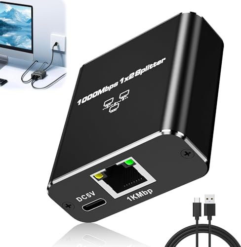 Splitter Switch Ethernet LAN 1 a 2, Divisor Gigabit de Doble Salida RJ45 de 1000 Mbps Cat5/6/7/8 Distribuidor de Cable para Ordenador/TV/PS4/PS5/Decodificador/Enrutador /Conmutador, Negro
