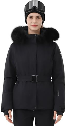 HIGH EXPERIENCE Women's Ski Jacket Snowboard Fitted Slim Belted Snow Coat Warm Winter Mountain Waterproof Windproof Insulated Hooded (US, Alpha, X-Small, Regular, Regular, Black)