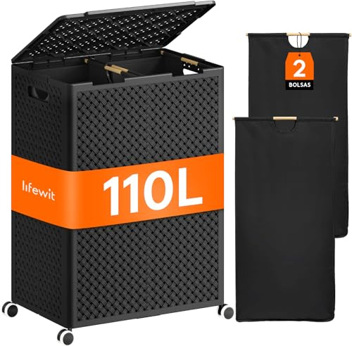 Lifewit Gran Cesto Ropa Sucia de Plástico 2 Compartimentos 110 L, Cesta Plegable con Ruedas y Bolsas Interiores Desmontables, Cubo de Ropa para Dormitorio, Baño, Lavandería, Negro