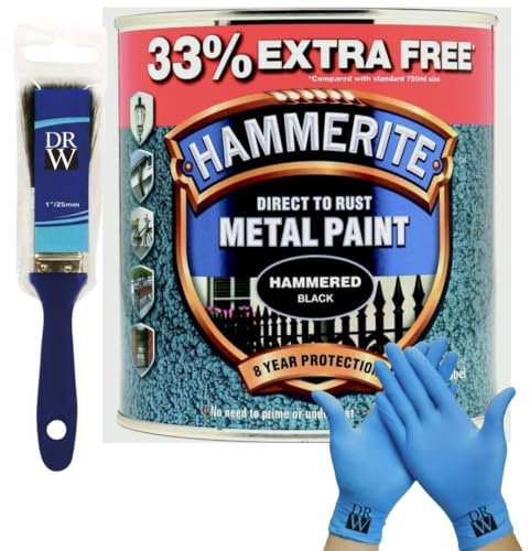 DRW Hammerite Direct to Rust Smooth Metal Paint 750ml +33% Extra Free (1L) | Hammered Black 1 Brush & Free Nitrile Gloves | Durable Anti-Rust Protection for Indoor & Outdoor