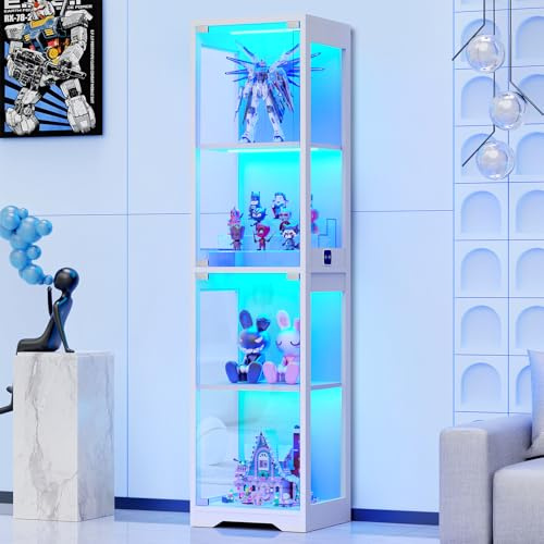 BROTTAR 63 Tall Display Cabinets with Glass Doors, Glass Bookcase Bookshelf with 3 Color Lights & Human Body Sensor, File Cabinets for Office Living Room Bedroom Furniture, White