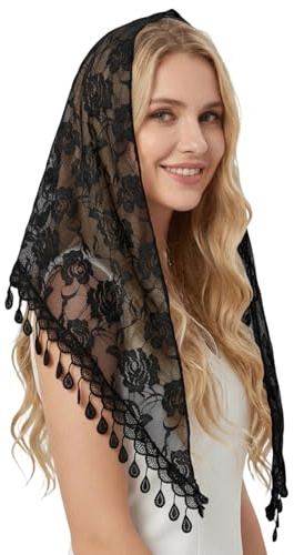 Larrel Lace Mantilla Veil, Elegant Lace Head Scarf for Weddings, Triangle Women Head Covering with Floral Pattern for Church Wedding Special Occasions