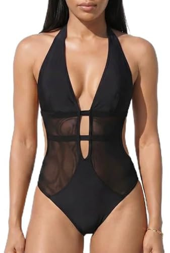 Novocloud Women's One Piece Swimsuit Deep V Neck Mesh Panel Swimming Costume Halter BackTie Swimwear Tummy Control Bathing Suit for Beach Holiday (UK, Alpha, M, Regular, Regular) Black