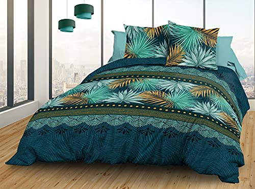 Le Linge de Jules Parure Drap Plat + Drap-Housse 140 x 190 cm + 2 T - Pur Coton 57 Fils - Paraiso Bleu/Vert/Safran
