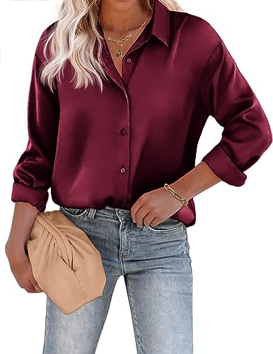 Beyove Blusa de satén de seda con cuello en V, elegante, manga larga, para negocios, con botones, suelta, manga larga, granate, XL