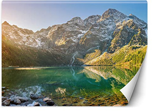 Feeby Papel Pintado Montañas Cielo Picos 150x105 cm Verde XXL Fotomurales Tejido No Tejido Decoración De Pared Moderna Decorativos Dormitorio Para la sala Árboles Lago Naturaleza