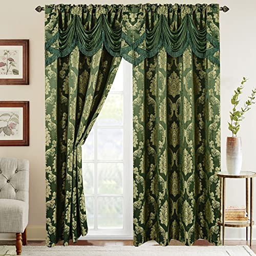 Elegant Comfort Rideaux en Jacquard avec cantonnière Cascade fixée, Lot de 2 Panneaux, 137 x 213 cm, Vert/Sauge (Hunter Green/Sage)