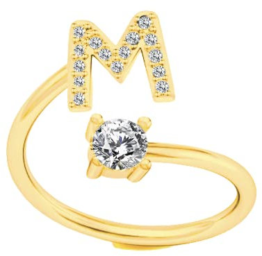 Bungsa RING BUCHSTABEN und KRISTALLE goldfarben - biegbarer Fingerring/Zehenring Toering für Damen, Kinder & Herren - A B C D E F G H I J K L M N O P R S T U V W X Y Z (L)