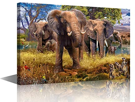 Africa's Elephants Painting Framed Wall Art Canvas Wall Decor Landscape Animals World Painting for Interior Bathroom Wall Décor Bed Dining Room Decorations 24x36inch (60x90cm)