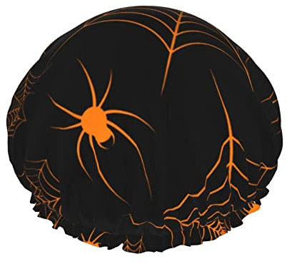 Bonnet de douche Halloween toile d'araignée et araignées pour femmes, couches de bain douche réutilisable, bande élastique élastique ourlet élastique chapeau de cheveux