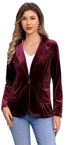 IDOPIP Velvet Blazers for Women Long Sleeve Lapel Collar Blazer Jacket Open Front Cardigan Coat Slim Fit Casual Office Blazer Jacket Suits with Pockets Fall Winter Business Work Outerwear Wine Red S