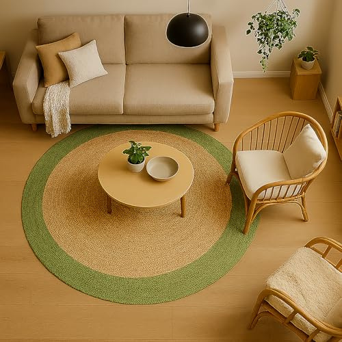 ARTS OF JAIPUR 3x3 Ft Round jute rug Indian jute hemp rug hand woven rug Hand braided natural jute rug Solid plan green border rugs