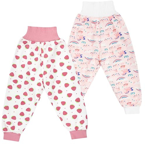 FLYISH DIRECT Culotte Apprentissage Propreté Filles, Absorbant Pantalon d'apprentissage Taille Haute, Jupe de Couches Enfant Lavable, 2 Pièces, 3-5 ans, Fraises, M