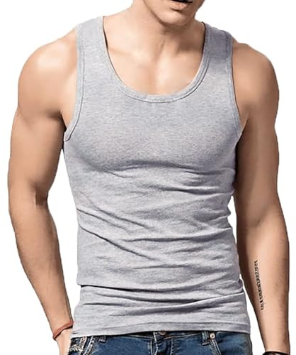 Men's Tank Tops Cotton Vest Gym Workout Bodybuilding Fitness Tee Sleeveless Muscle Shirts Gray M
