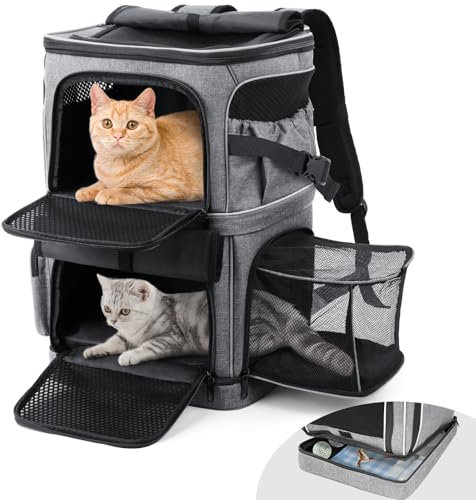 DAISTERN Katzenrucksack Große Katzen bis 12KG, Cat Backpack Transportrucksack Katze mit Doppelschichtiges Netzfenster,SBS-Reißverschluss, Bequemes Sitzkissen, Reflektierende Streifen für 2 Katzen