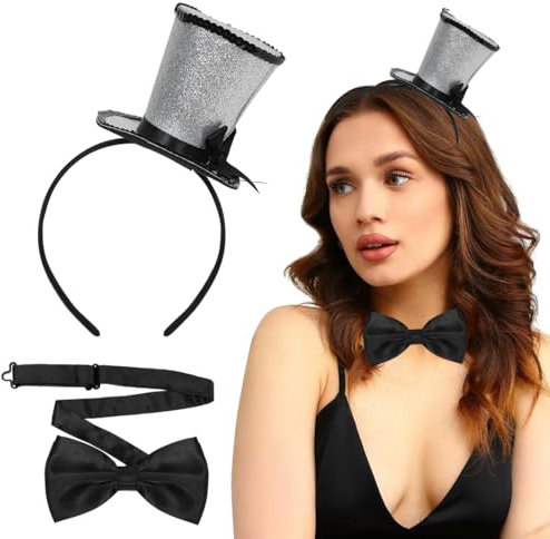 Diadema con Mini Cilindro Sombrero, Plata Diadema y Pajarita, Diadema con Sombrero de Lentejuelas, para Fiesta, Carnaval, Halloween