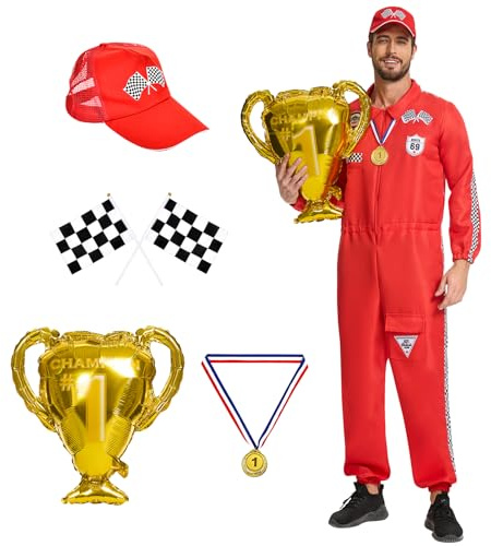 Aragallant Costume da Pilota da Corsa Uomo, Tuta da Pilota con Cappello, Bandiera a Scacchi, Costume Racer Overall Outfit per Carnevale, Auto da Corsa per Adulti (M)