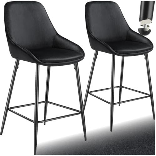 tectake® Sgabello da bar con schienale, set da 2 sgabelli alti in velluto con poggiapiedi, seduta regolabile in altezza con gambe in acciaio, protezione pavimento, per bar e penisola cucina - Nero