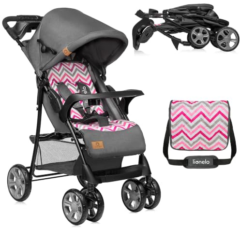Lionelo Emma Plus Lightweight & Robust Stroller 6-36 Months, Quick Compact Fold, Lie-Flat Recline, Pushchair with 5-Point Harness, XXL Canopy, Shock-Absorbing Wheels, Tray, Bag (Single, Pink)