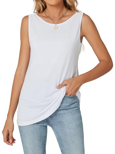 Famrrifuu Maglia Senza Maniche Donna Collo Rotondo Maglietta Elegante Basic Top Leggero Bluse Estivo Primavera T-Shirt, Bianco, L