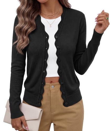 Yommay Knitted Cardigan for Women Long Sleeve V Neck Open Front Cardigans | Ladies Cardigans Lightweight Soft Button Down Elegant Wave Scalloped Slim Fit Winter Casual Daily Outwear Cardigan Sweater