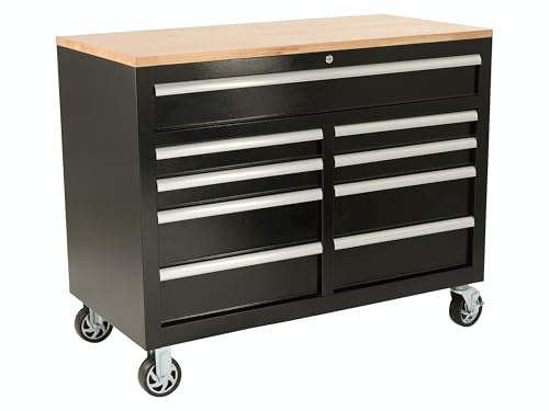 The Workplace Depot Rolling Work Table – Mobile Workbench with 9 Drawers, Solid Wood Top, Black Powder-Coated Steel, Central Lock & 120mm Wheels – Ideal for Garages, Workshops & Trade