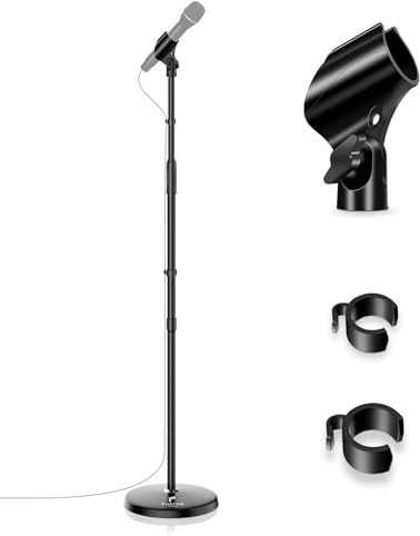 Microphone Stand Mic Floor Stand, Adjustable Height from 39 to 66, 180° Rotatable Mic Clip Heavy Duty Round Base Boom Mic Arm Stand for Stage, Studios, Kids