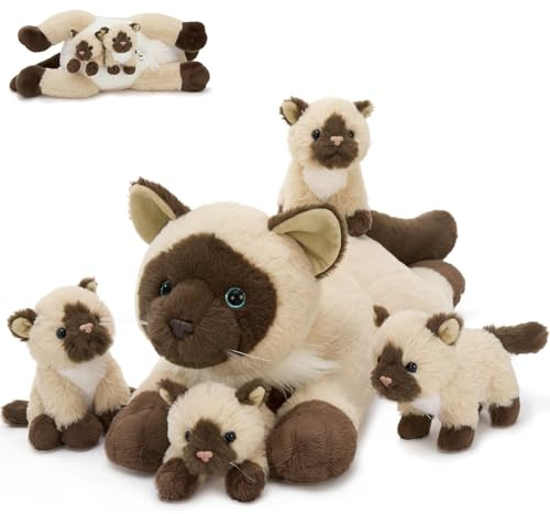 MorisMos Big Siamese Cat Teddy Soft Toy, 48cm Mom Cat with 4 Cuddly Baby Inside, Lifelike Siamese Cat Stuffed Animal Plush Cuddly, Kawaii Presents for Kids Birthday Party Decorations