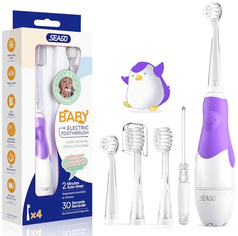 Seago Cepillo de dientes eléctrico para niños de 6 meses a 4 años, cepillo de dientes sónico para bebés con cepillo de luz LED, temporizador inteligente impermeable IPX7, SG513(Verde)