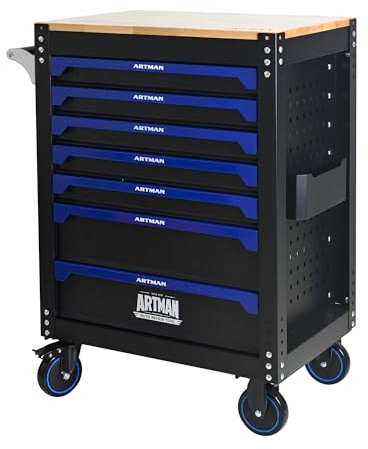Fsazub 30 inch 7 Drawers Tool Cart on Wheels with Wood Worktop, Heavy Duty Rolling Drawer Tool Chest with Locking System & Locking Wheels for Garage,Warehouse,Requires Assembly (Black&Blue)