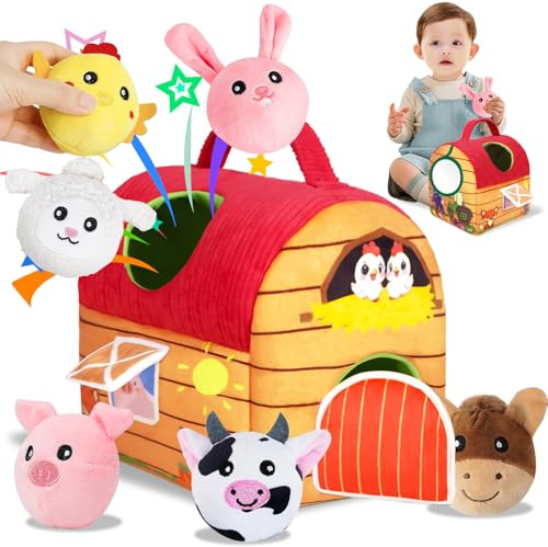 NXPZ Giochi Neonato 6-12 Mesi, Giocattolo Montessori per Neonati, Giocattolo Sensoriale Fattoria con Animali Morbidi in Peluche e Specchio, Regalo per Bambini e Bambine di 3 6 9 12 Mesi