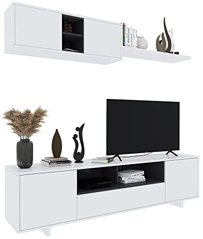Bricozone Parete Attrezzata Soggiorno Moderna Con Mobile Base 4 Ante Pensile 2 Ante E Mensola Colore Bianco Design Contemporaneo Salvaspazio In Legno Melaminico 200x41x46 Cm