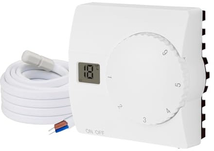 Aufputz Raumthermostat Digital 230V weiß mit internem u. externem Sensor für Wasser- u. elektrische Fußbodenheizung - Thermostatregler Regler mit Stellrad