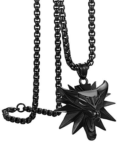 Flongo Wolf Kette mit Wolfskopf Herren Anhänger Wikinger Medallion Silber Schwarz Gold Königskette Amulett Edelstahl Wizard Punk für Männer und Damen