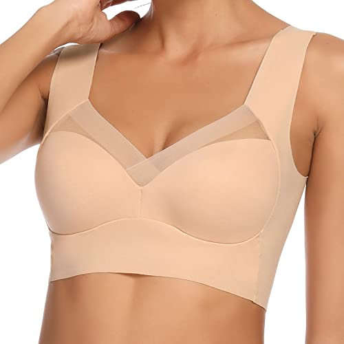 WOWENY Soft Bras Wireless Bras for Women Sleep Non Wired Bralette Crop Top Comfort Bra Tops Full Coverage Thin Bustier Light Support (Beige, L)