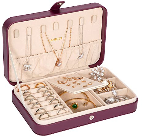 LANDICI Jewellery Box Small Jewellery Organiser for Women Girls, PU Leather Travel Jewellery Storage Case, Portable Jewellery Holder for Ring Earrings Necklace Bracelet, Jewellery Gift Box,Purple