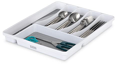LIVIVO 6 Compartment Cutlery Tray – Grey & White Kitchen Drawer Organiser for Knives, Forks, Spoons, Utensils – BPA-Free Plastic Drawer Divider with Anti-Slip Base – Durable & Easy to Clean
