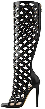 Only maker Women's Breathable Fishnet Over The Knee High Heel Boots Peep Toe Stiletto Booties Retro Studded Roman Kight Boots Black Size 10