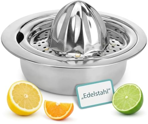 MIJOMA Citruspress i rostfritt stål med uppsamlingsskål 350 ml – med silinsats och hällöppning – silverfärgad – för citroner, limefrukter och apelsiner