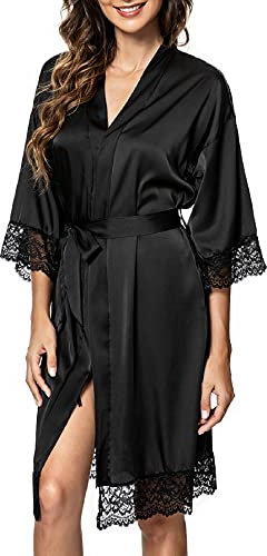 Tuopuda Bademantel Damen, Satin Kimono Morgenmantel Sommer, Nachthemd Spitze mit Taschen Kurz Robe mit Gürtel Blumenspitze Nachtwäsche Sleepwear für Party Hochzeit Braut Brautjungfern, Schwarz, L