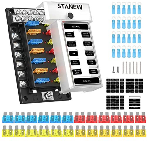 12-Wege-Blade-Sicherungskasten, Flachstecksicherungsblock mit negativem Bus, Standard-Sicherungskastenhalter mit LED-Anzeige für 12V/24V Kfz-Auto Boot Marine Truck Yacht SUV RV