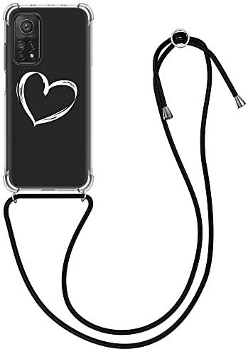kwmobile Necklace Case kompatibel mit Xiaomi Mi 10T / Mi 10T Pro Hülle - Silikon Cover mit Handykette - Weiß Transparent Herz Brush