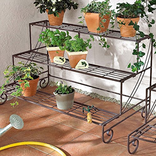 GOLDBEARUK Plant Steps Black Metal 3 Tier Flower Display Stand Metal Plant Ladder 92cm